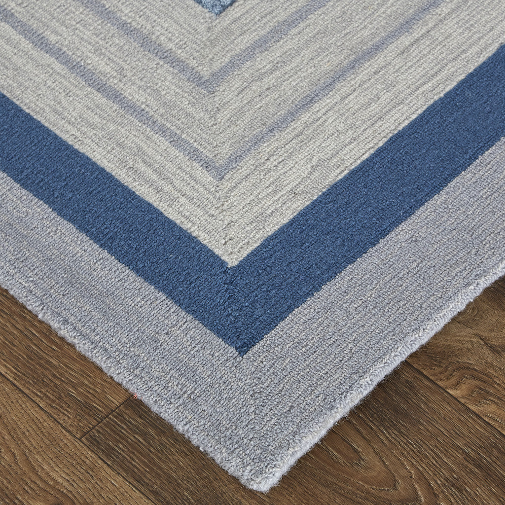 9' X 12' Blue Ivory And Gray Wool Striped Tufted Handmade Area Rug