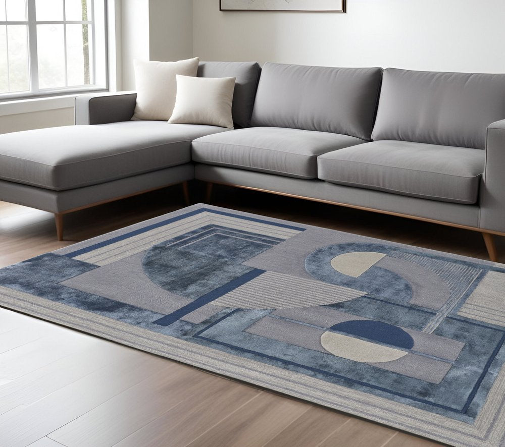 9' X 12' Blue Ivory And Gray Wool Striped Tufted Handmade Area Rug