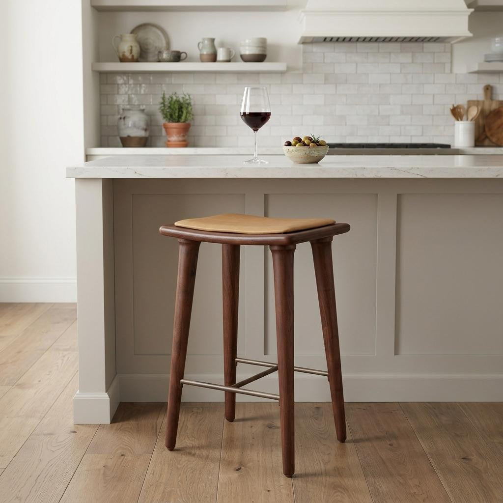 24" Cream And Brown Genuine Leather And Solid Wood Backless Counter Height Bar Chair