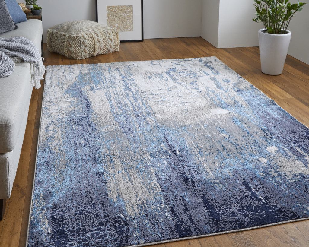 2' X 3' Ivory Blue And Black Abstract Power Loom Distressed Area Rug