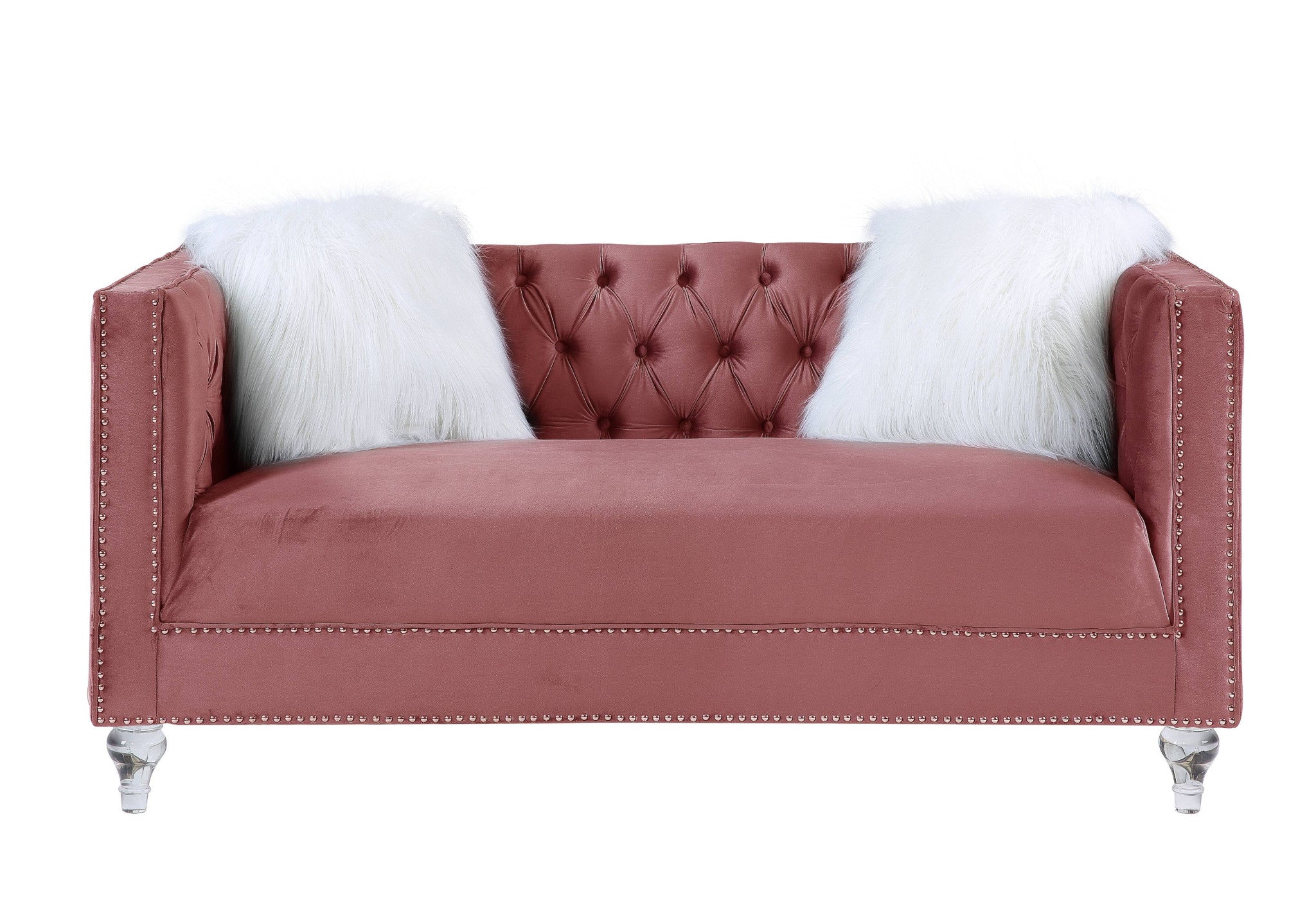 65" Pink And Silver Velvet Love Seat and Toss Pillows