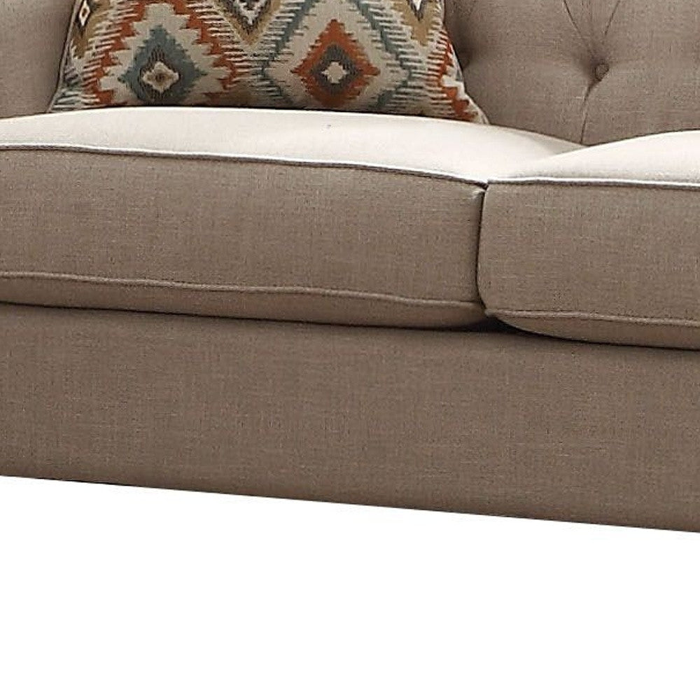 61" Beige And Dark Brown Linen Curved Loveseat and Toss Pillows