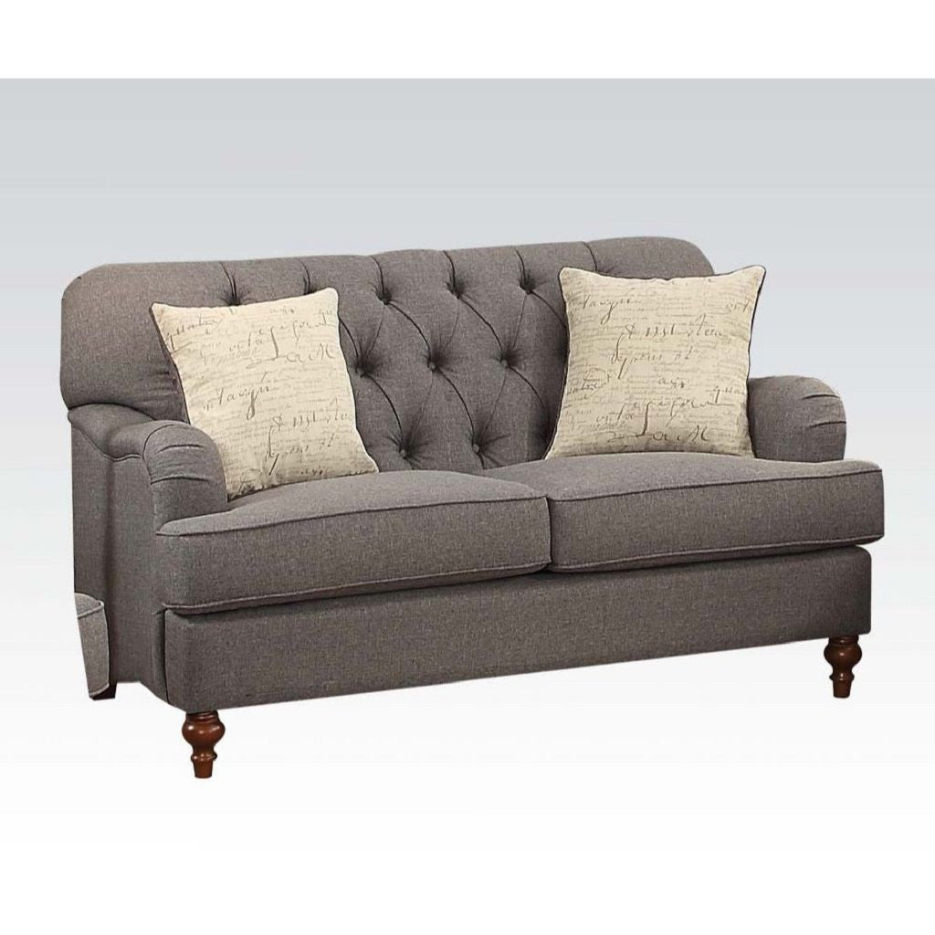 61" Dark Gray And Brown Linen Curved Loveseat and Toss Pillows