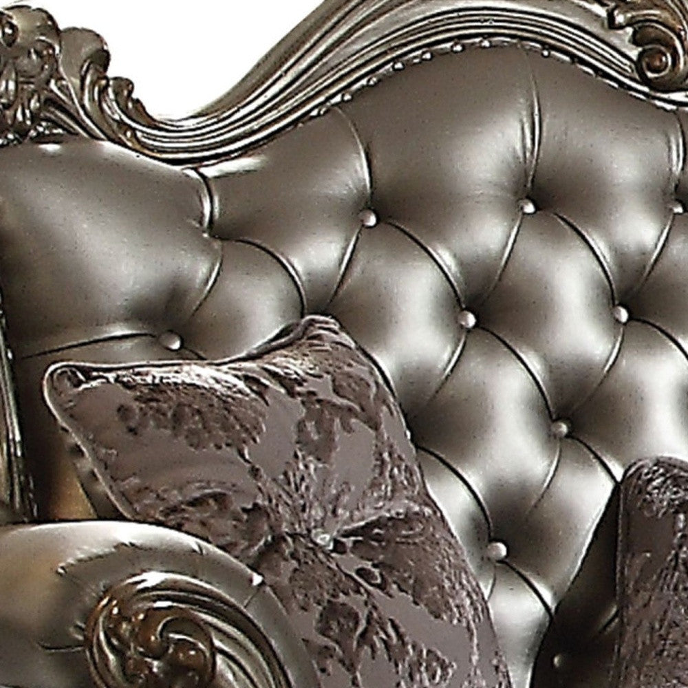 70" Silver And Platinum Faux Leather Loveseat and Toss Pillows