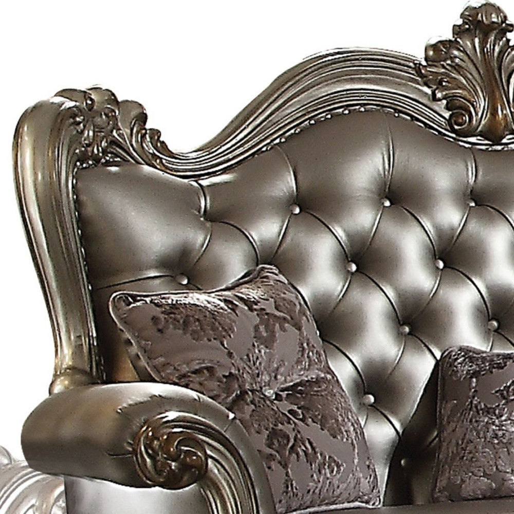 70" Silver And Platinum Faux Leather Loveseat and Toss Pillows