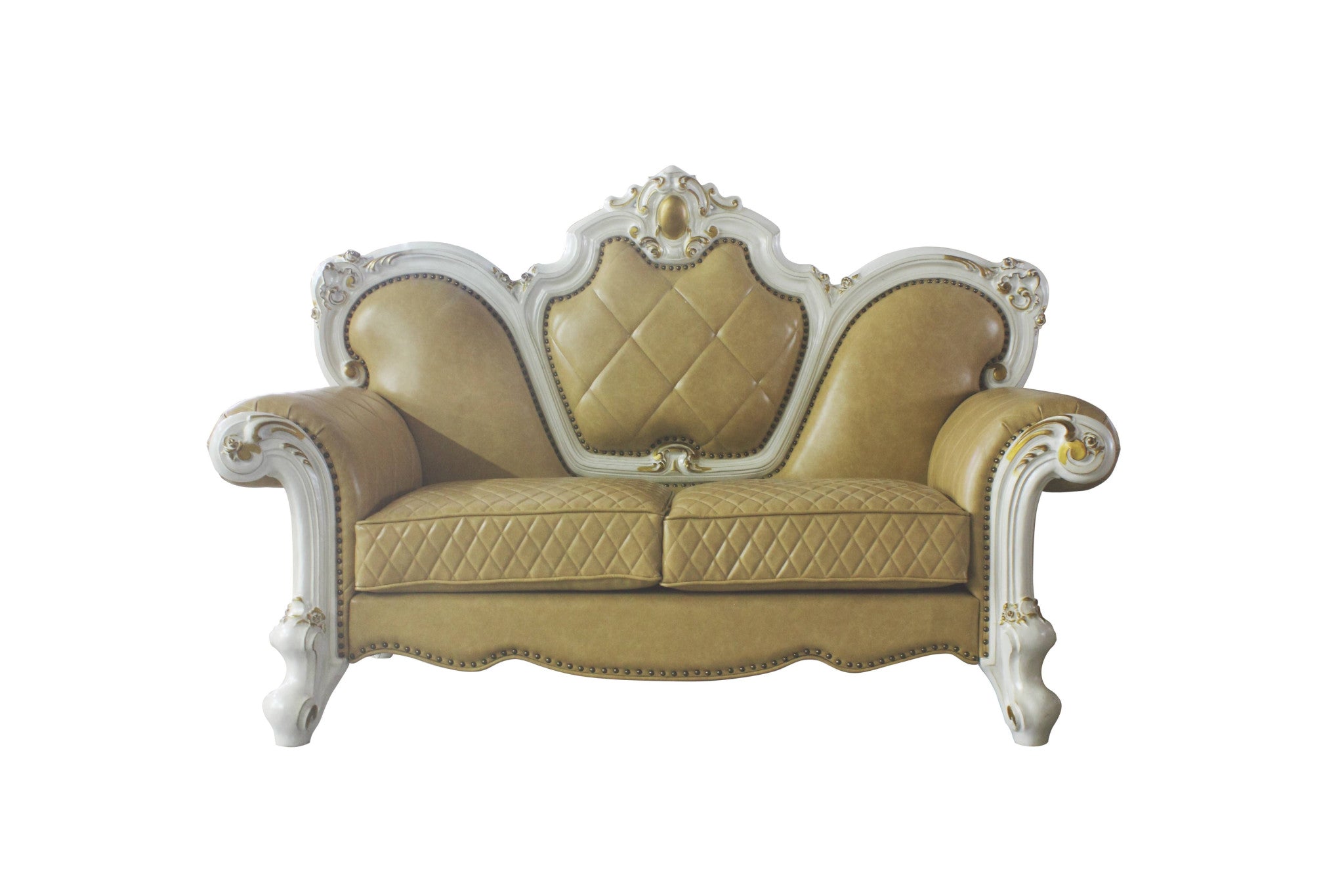 70" Butterscotch And Pearl Faux Leather Loveseat and Toss Pillows