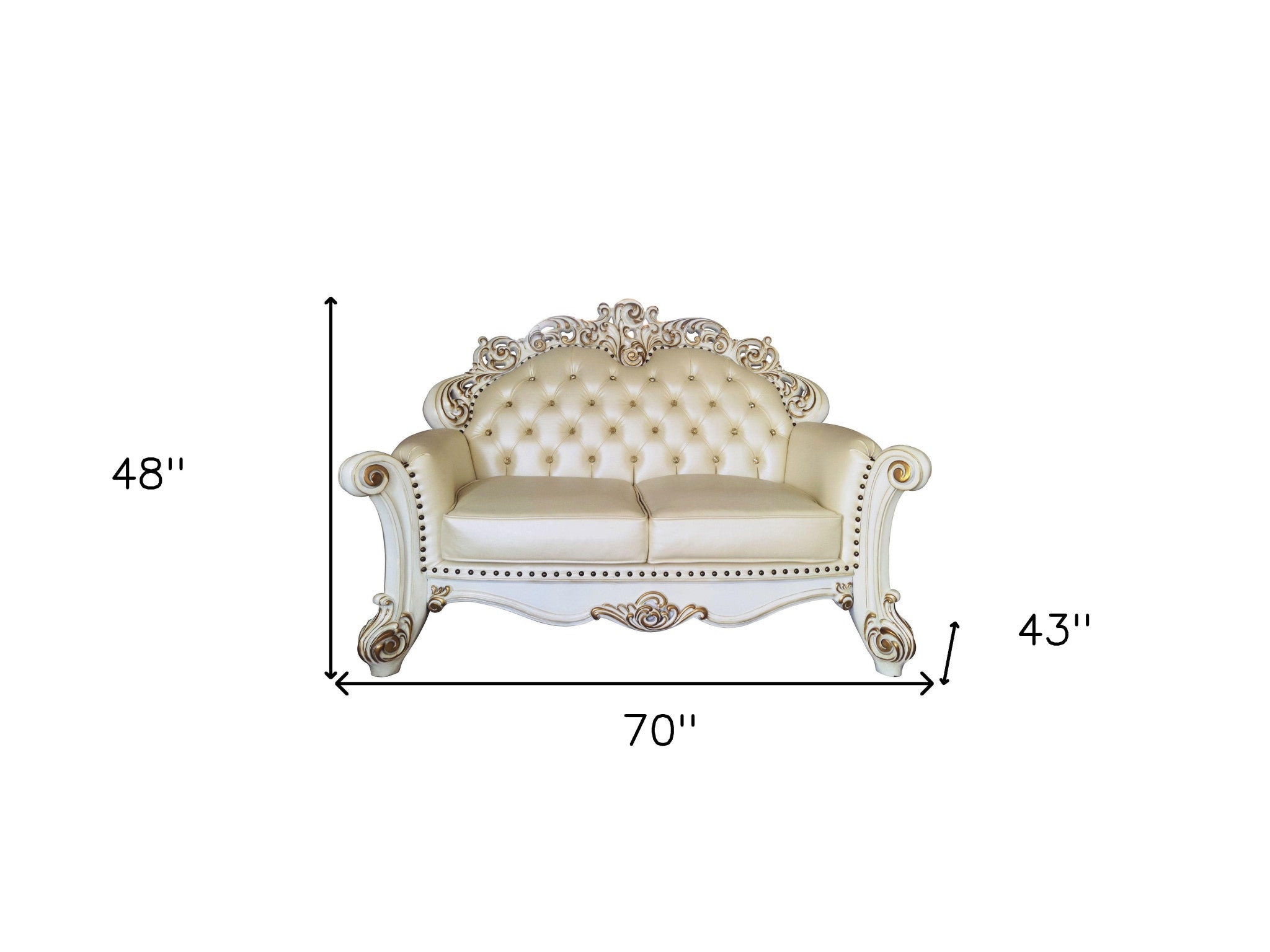 70" Champagne And Pearl Faux Leather Loveseat and Toss Pillows