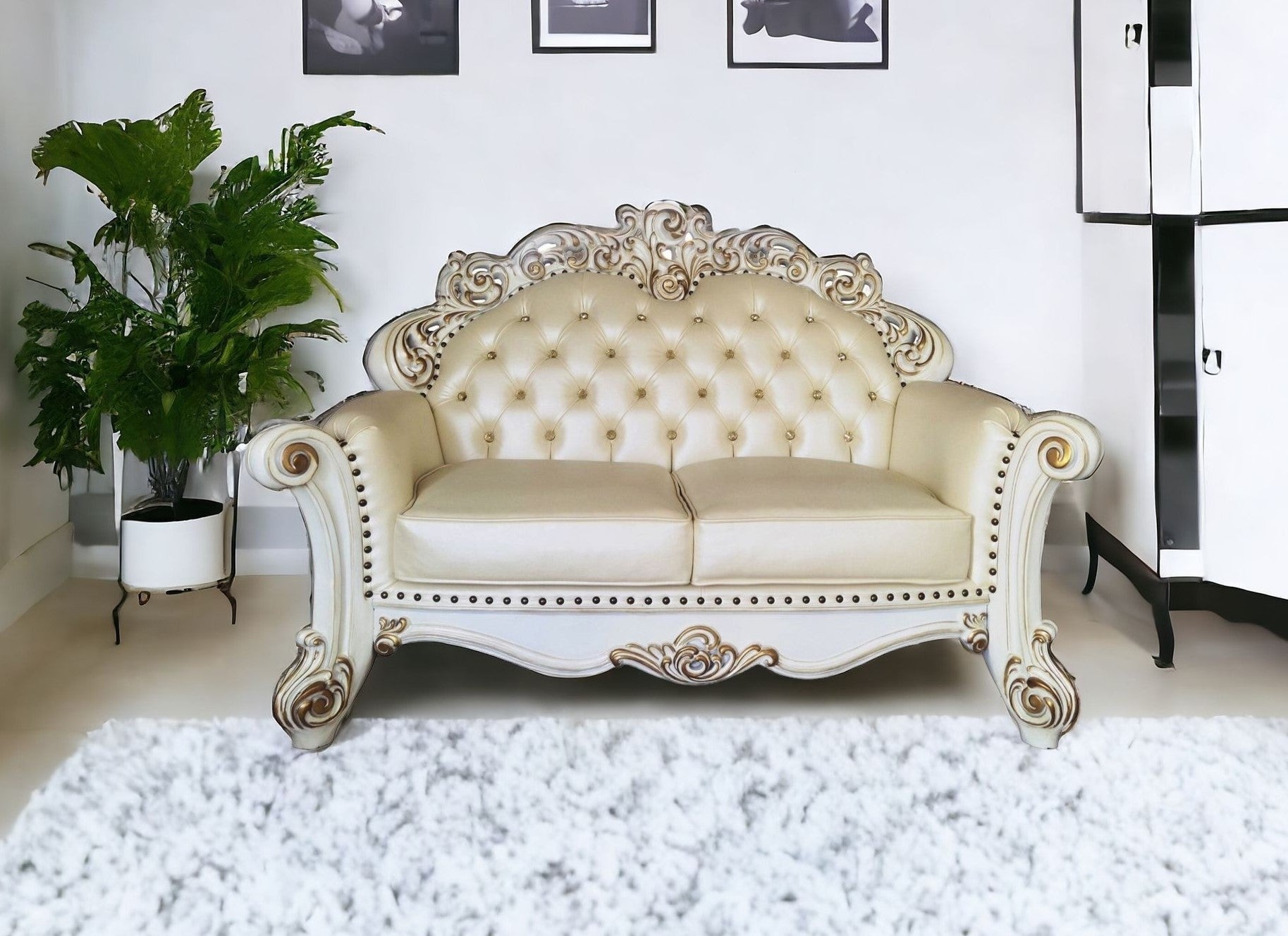 70" Champagne And Pearl Faux Leather Loveseat and Toss Pillows