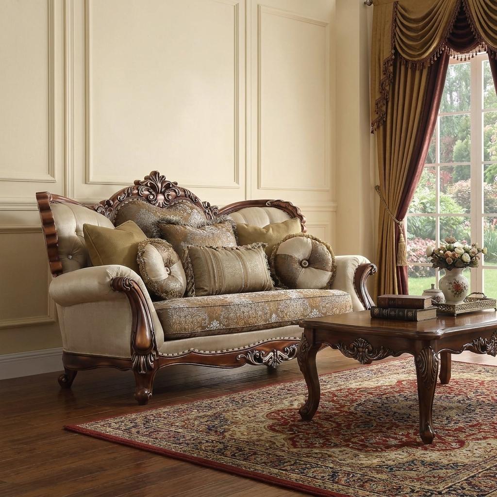74" Tan And Brown Velvet Damask Curved Loveseat and Toss Pillows