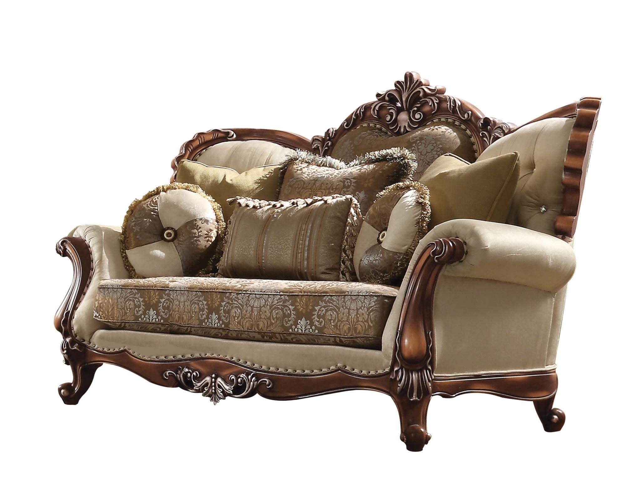 74" Tan And Brown Velvet Damask Curved Loveseat and Toss Pillows