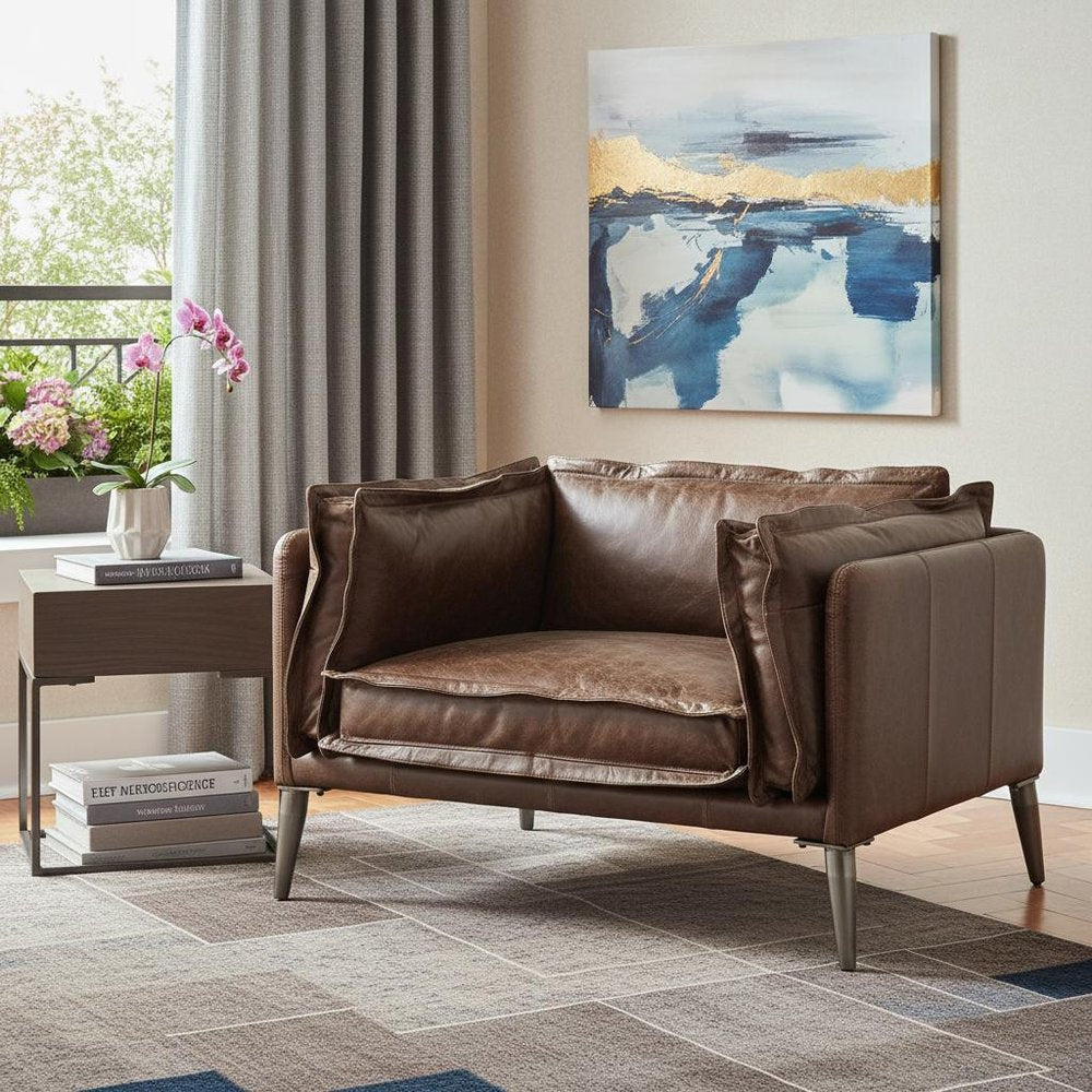 47" Brown and Black Top Grain Leather Chair and a Half