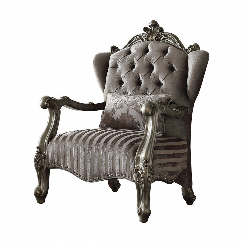 33" Gray and Platinum Velvet Striped Tufted Wingback Chair And Toss Pillow