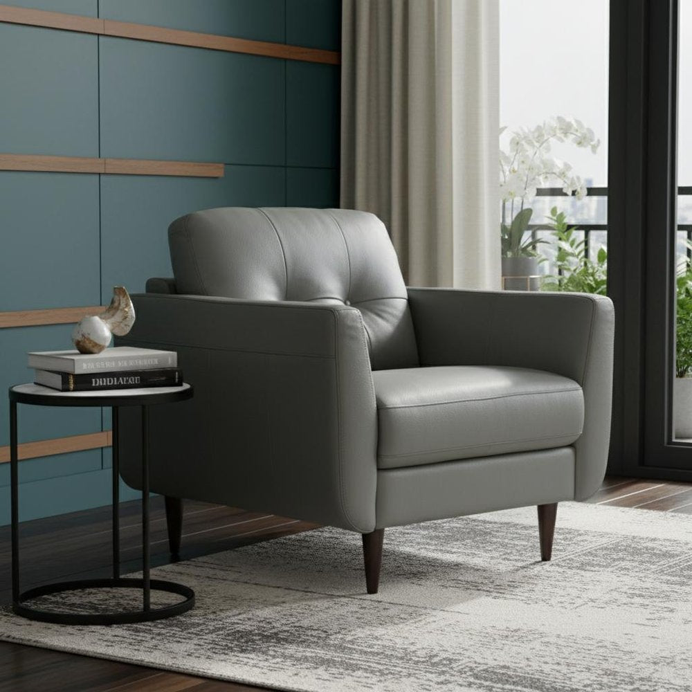 35" Gray and Black Genuine Leather Tufted Arm Chair