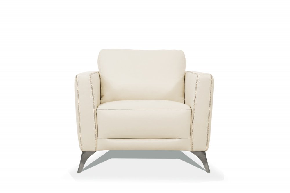 35" Cream and Black Genuine Leather Arm Chair