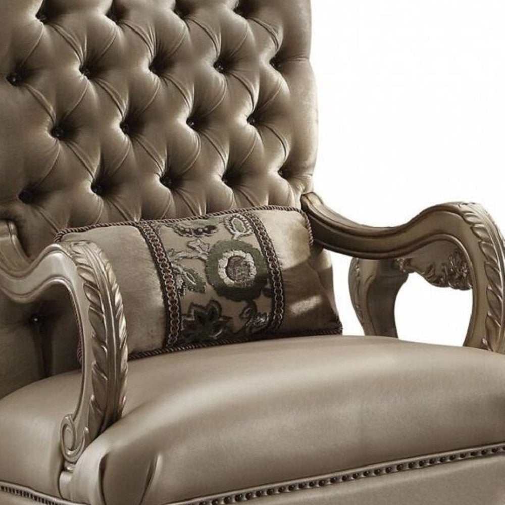 34" Bone and Gold Velvet Tufted Chesterfield Chair And Toss Pillow