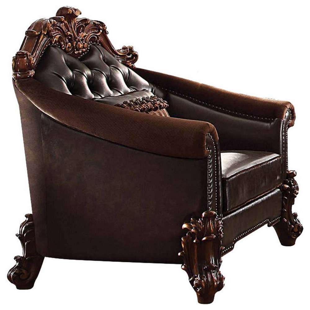 43" Dark Brown Faux Leather Tufted Chesterfield Chair And Toss Pillow