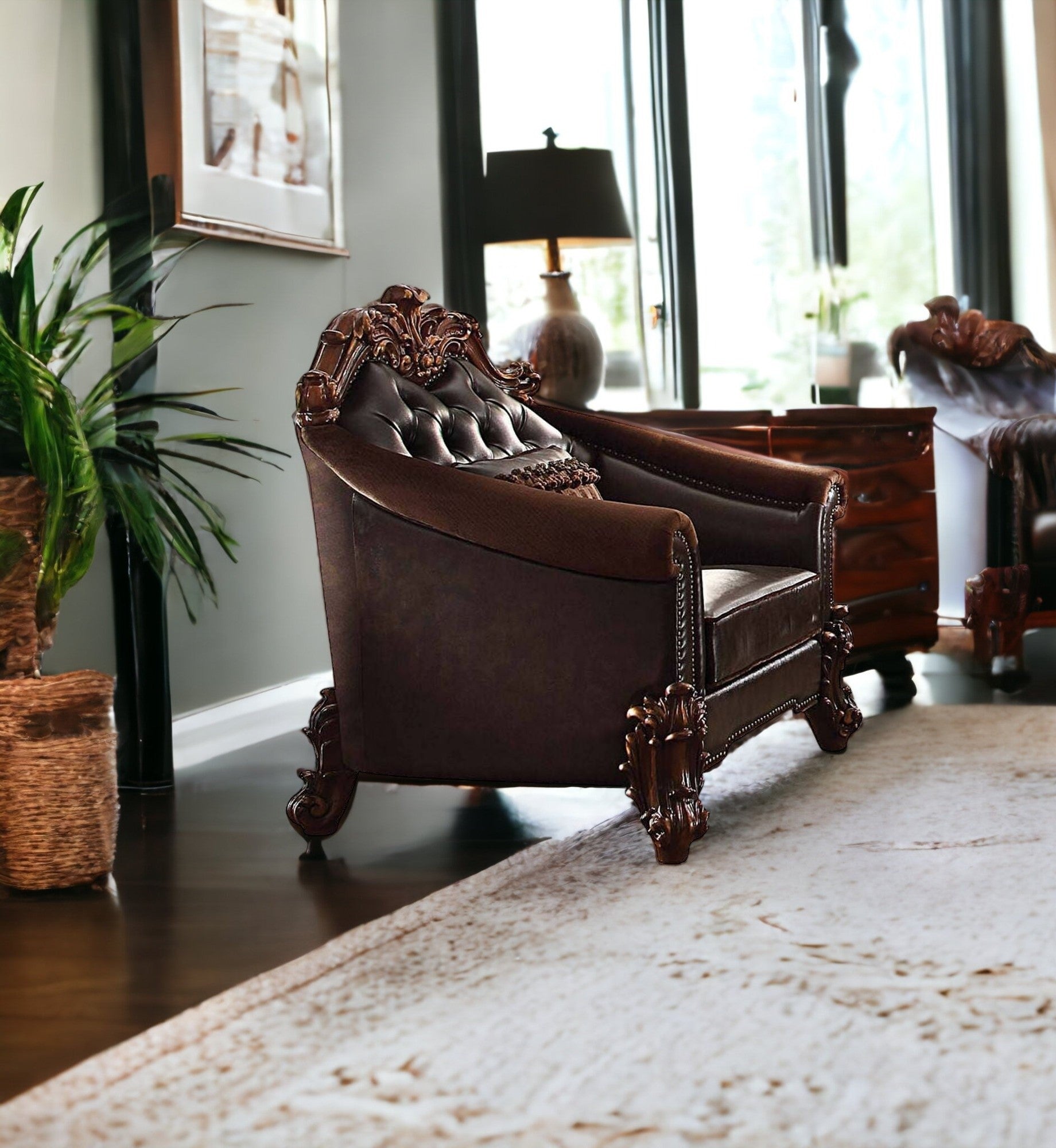 43" Dark Brown Faux Leather Tufted Barrel Chair