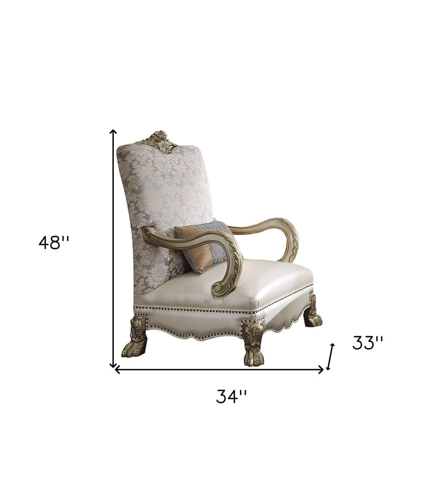 34" Pearl and Gold Faux Leather Floral Arm Chair And Toss Pillow