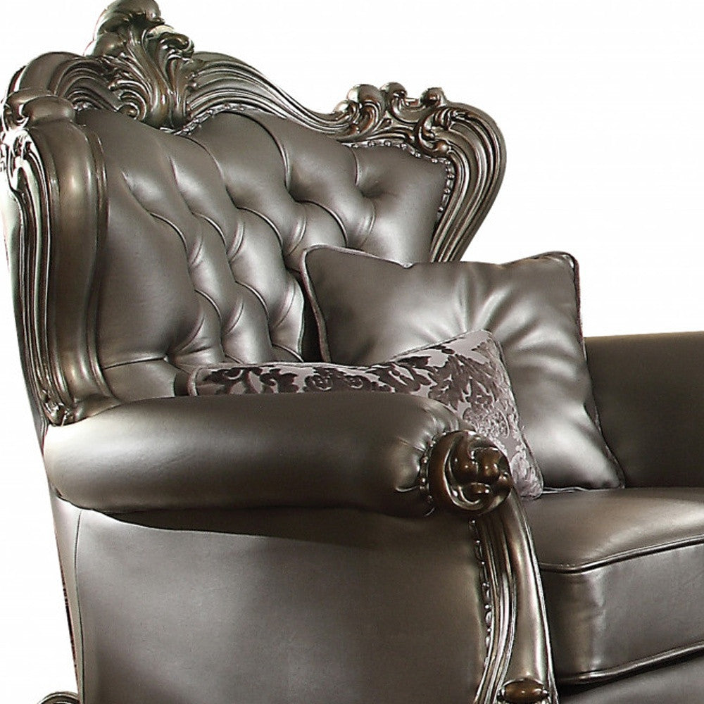 44" Silver and Platinum Faux Leather Tufted Wingback Chair