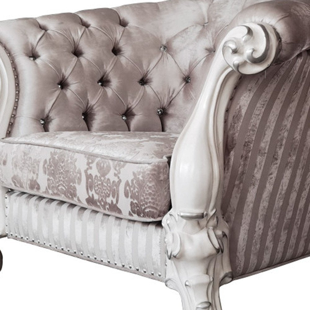 52" Ivory and Bone Fabric Damask Tufted Chesterfield Chair And Toss Pillows
