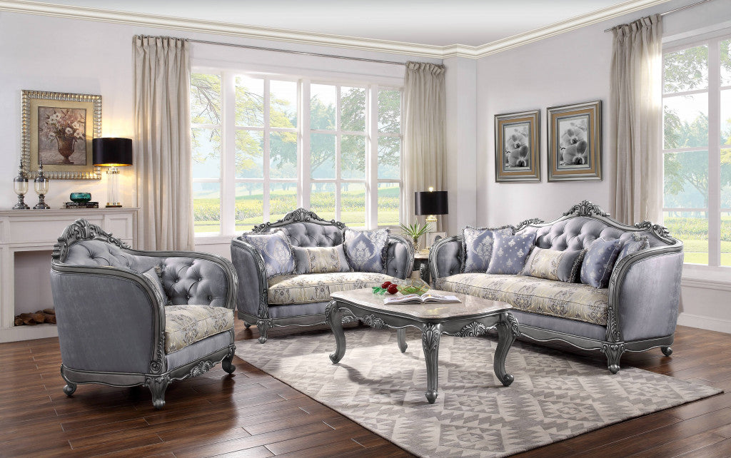 43" Light Gray and Platinum Fabric Floral Tufted Arm Chair And Toss Pillow