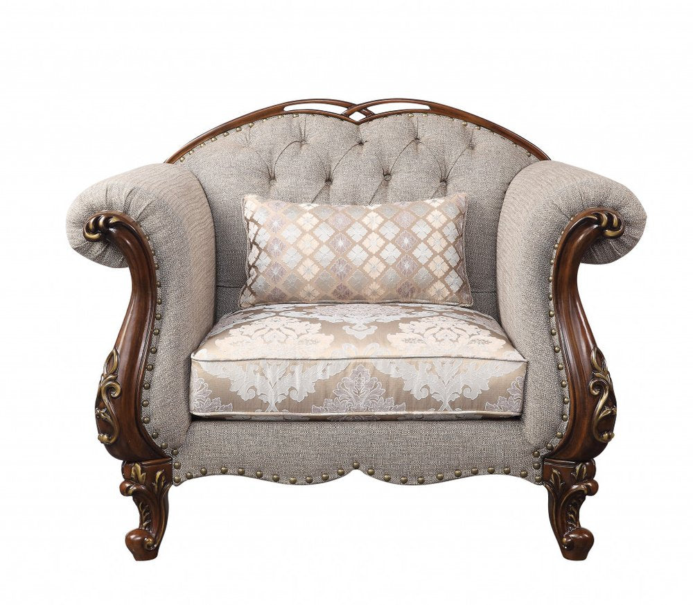 48" Beige and Brown Fabric Floral Arm Chair