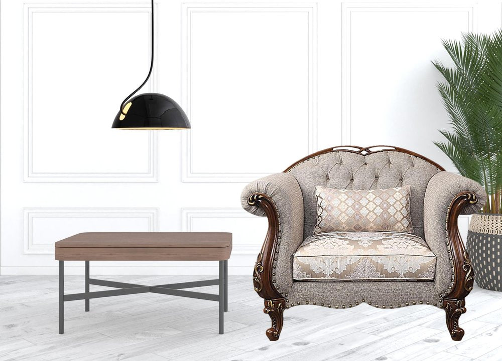 48" Beige and Brown Fabric Floral Arm Chair