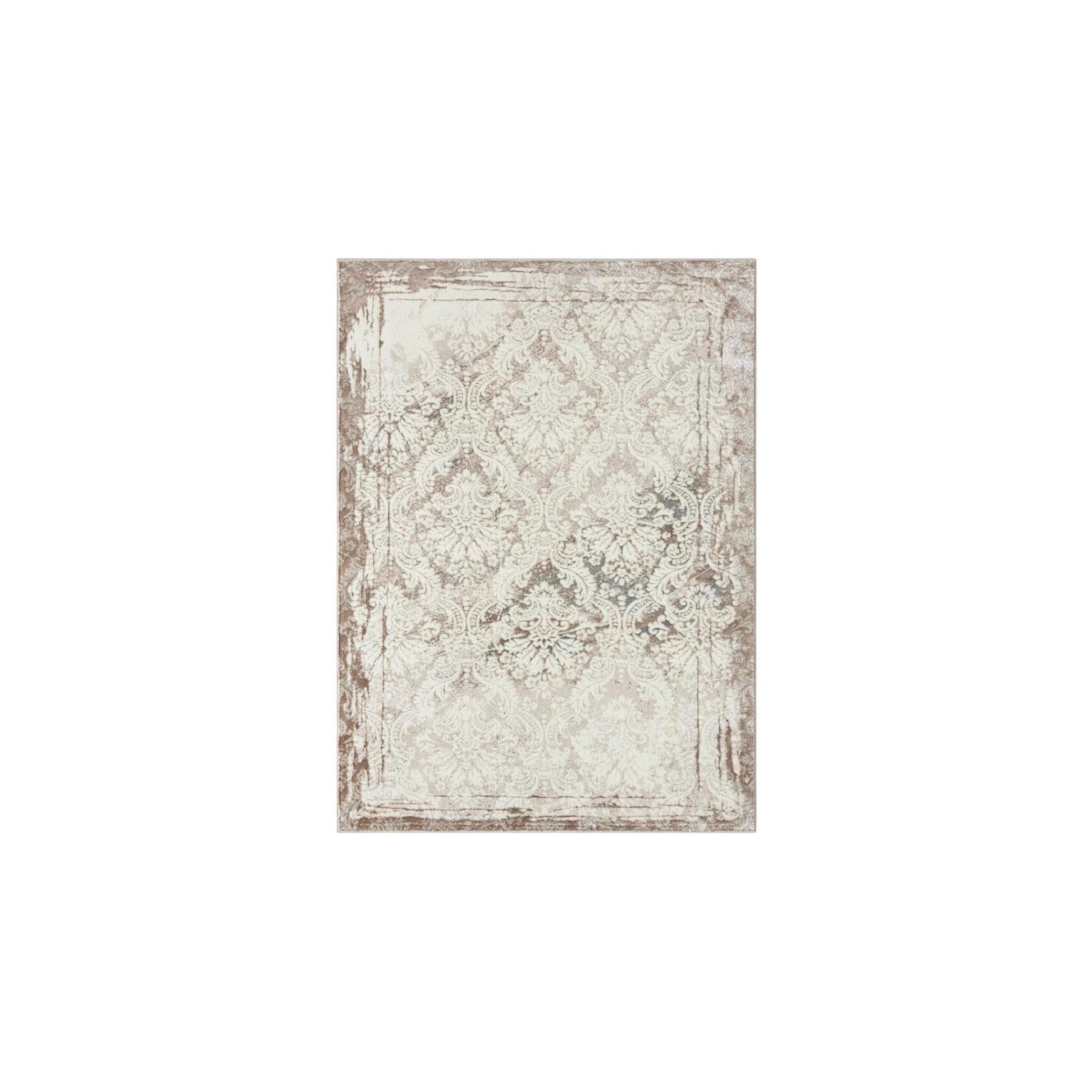 5' X 7' Cream Damask Stain Resistant Area Rug