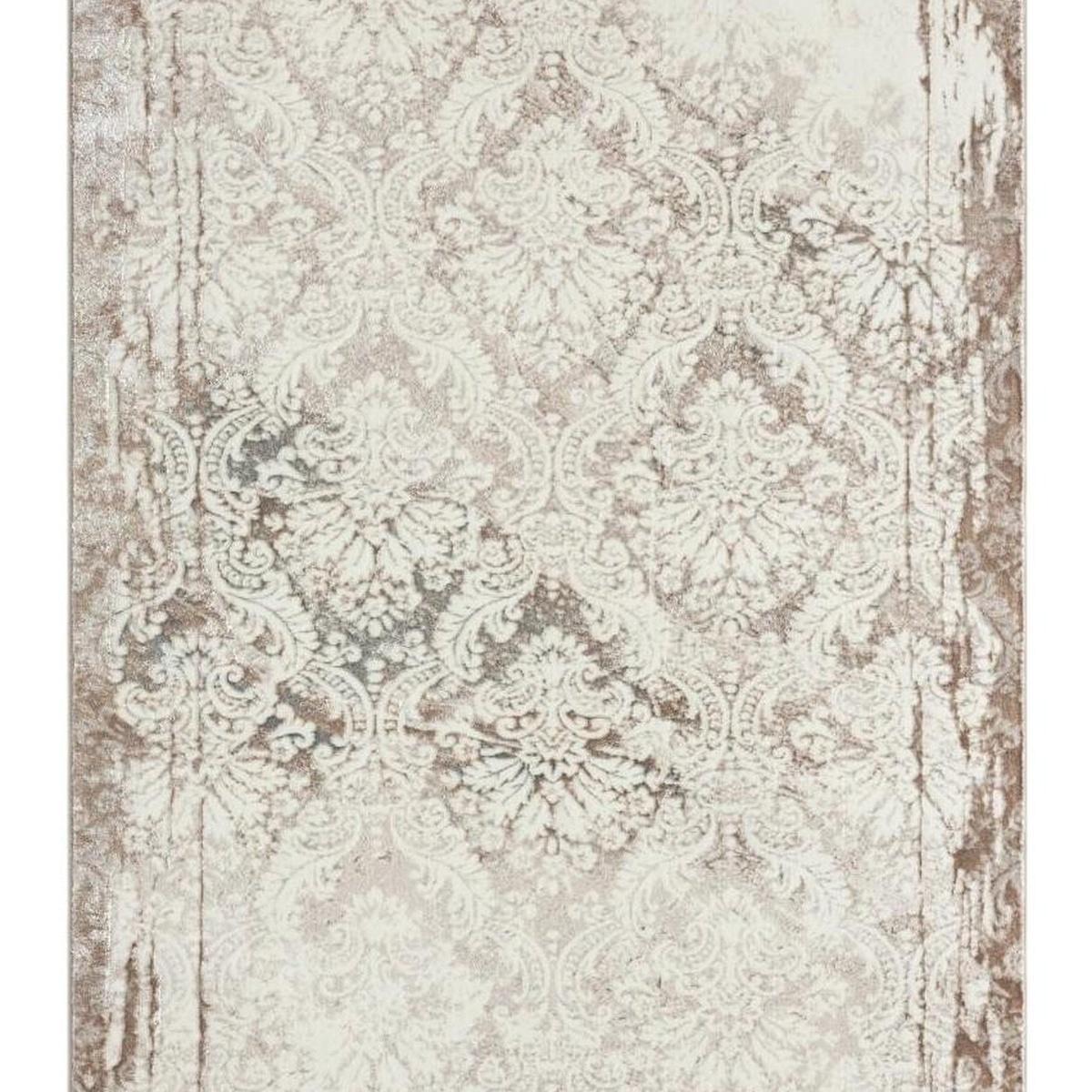 5' X 7' Cream Damask Stain Resistant Area Rug