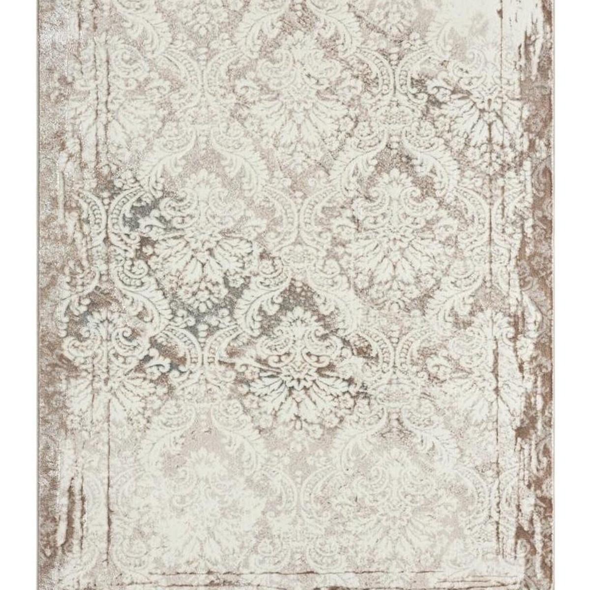 5' X 7' Cream Damask Stain Resistant Area Rug