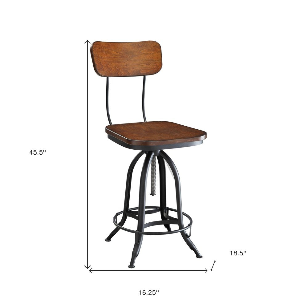 Brown and Black Solid Wood and Steel Adjustable Height Swivel Bar Chair
