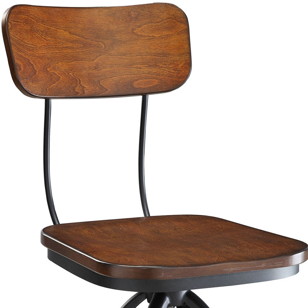 Brown And Black Solid Wood And Steel Adjustable Height Swivel Bar Chair