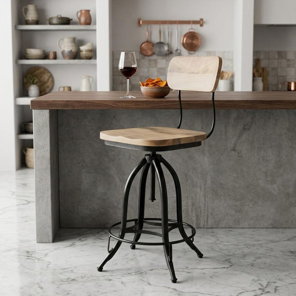 Brown and Black Solid Wood and Steel Counter Height Swivel Bar Chair