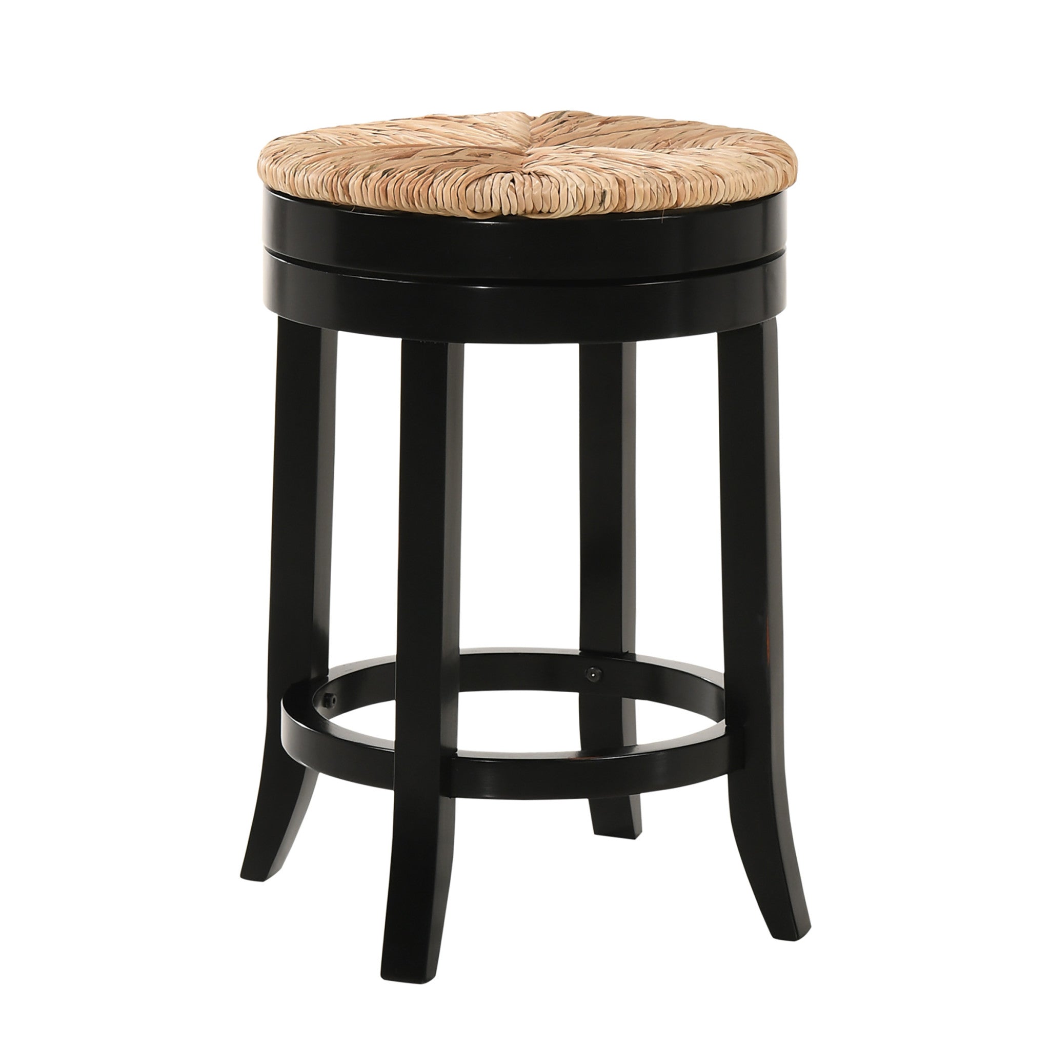 24" Natural And Black Rush And Solid Wood Backless Counter Height Swivel Bar Chair