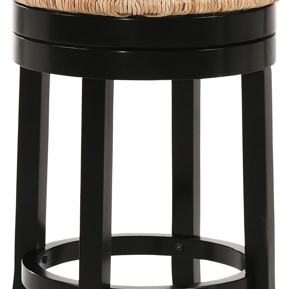 24" Natural And Black Rush And Solid Wood Backless Counter Height Swivel Bar Chair