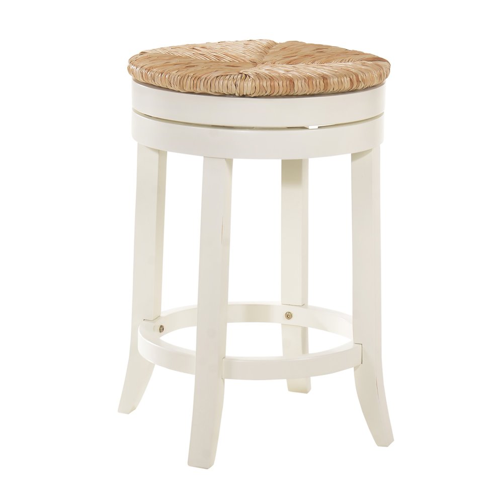 24" Natural And Antiqued White Rush And Solid Wood Backless Counter Height Swivel Bar Chair