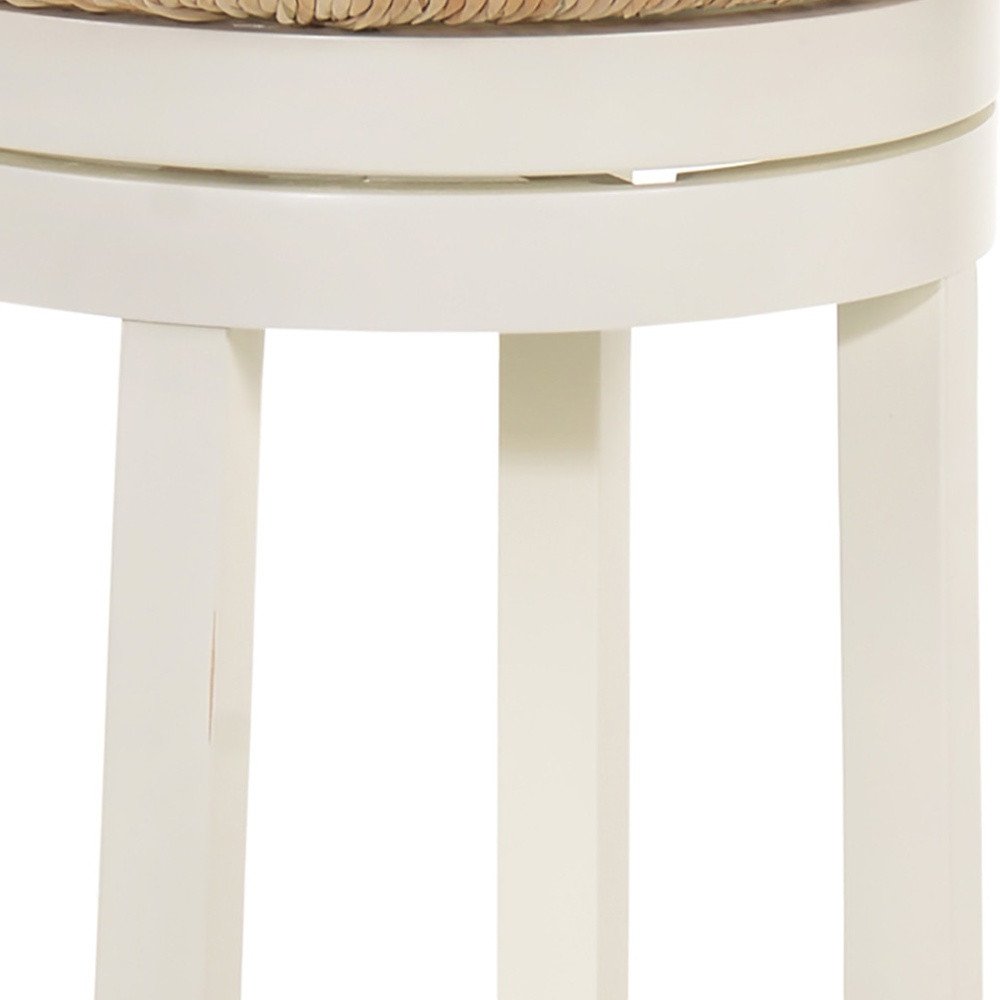 24" Natural And Antiqued White Rush And Solid Wood Backless Counter Height Swivel Bar Chair