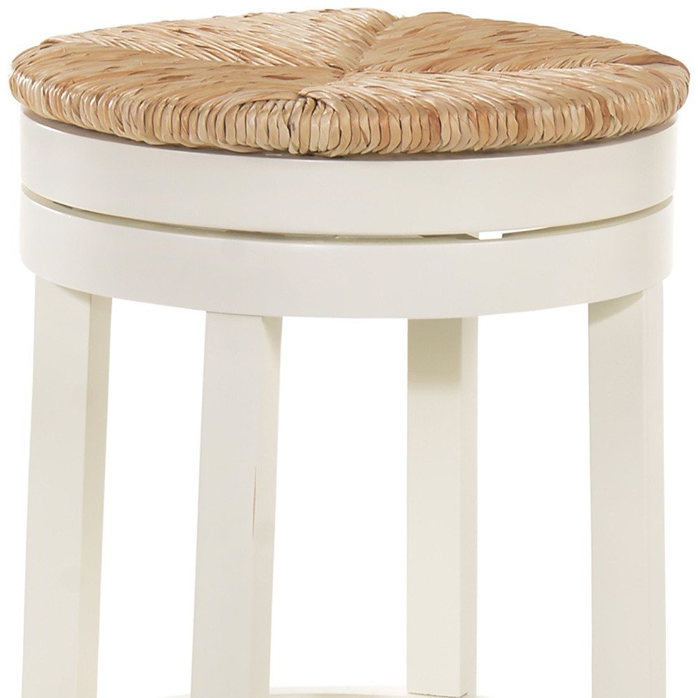 24" Natural And Antiqued White Rush And Solid Wood Backless Counter Height Swivel Bar Chair