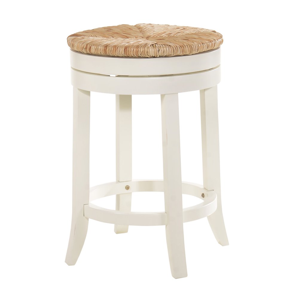 24" Natural And Antiqued White Rush And Solid Wood Backless Counter Height Swivel Bar Chair