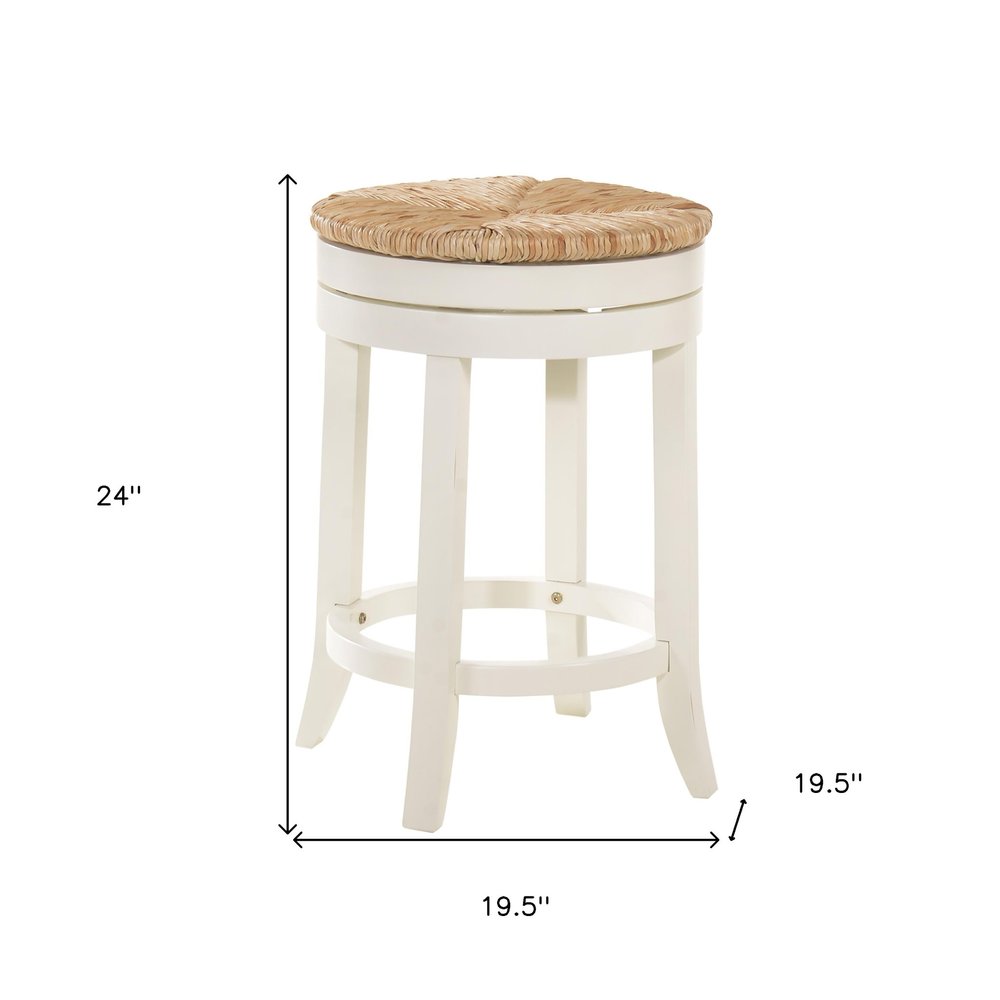 24" Natural And Antiqued White Rush And Solid Wood Backless Counter Height Swivel Bar Chair