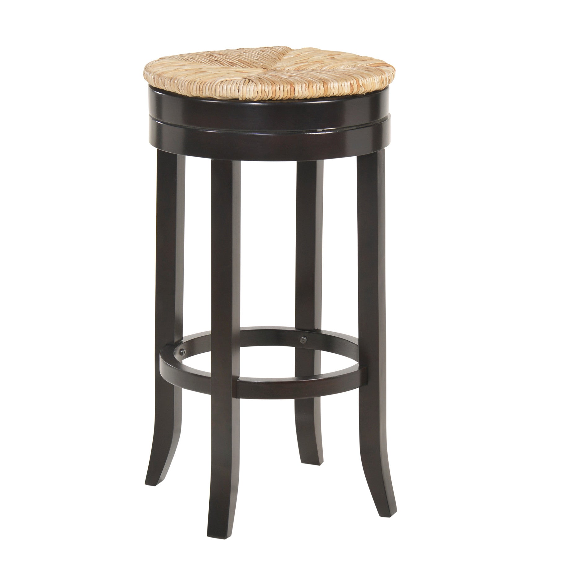 30" Natural And Espresso Rush And Solid Wood Backless Bar Height Swivel Bar Chair