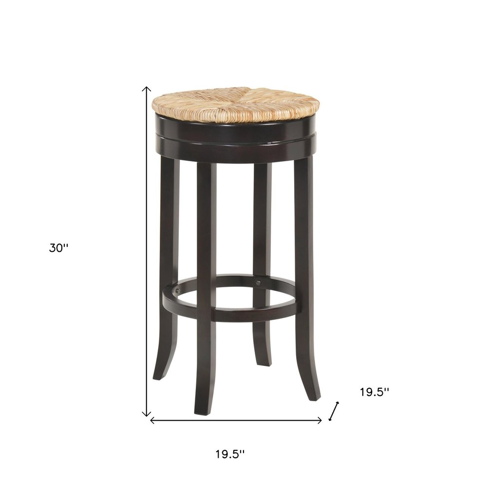 30" Natural and Espresso Rush and Solid Wood Backless Bar Height Swivel Bar Chair