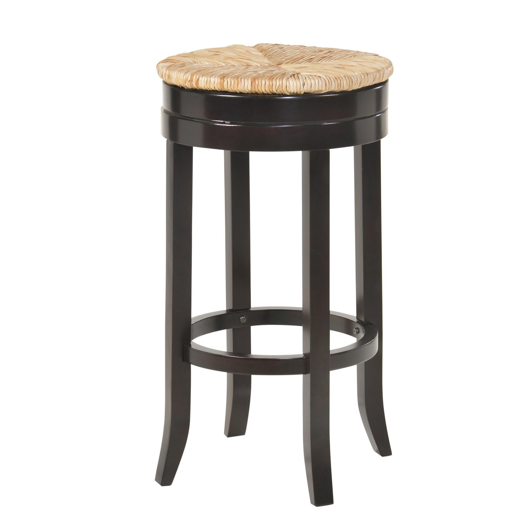 30" Natural And Espresso Rush And Solid Wood Backless Bar Height Swivel Bar Chair