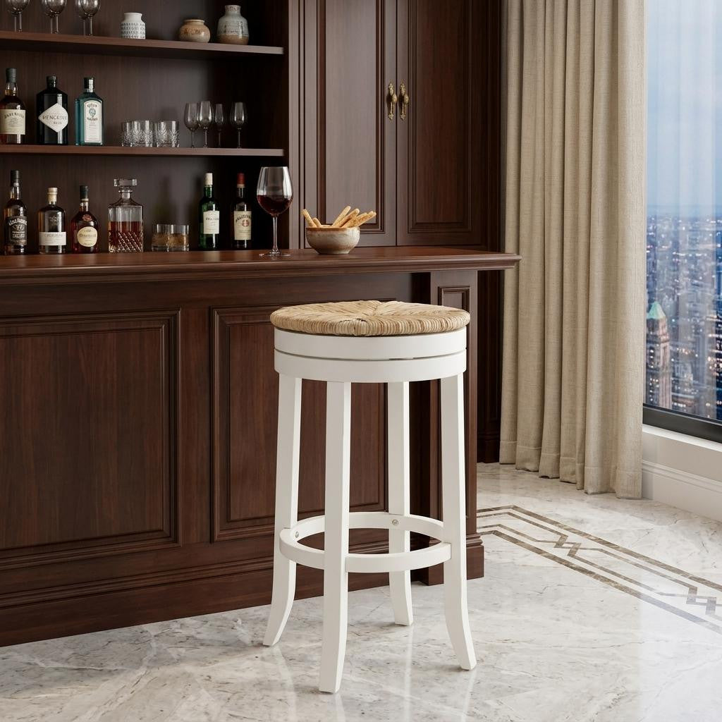 30" Natural And Antiqued White Rush And Solid Wood Backless Bar Height Swivel Bar Chair