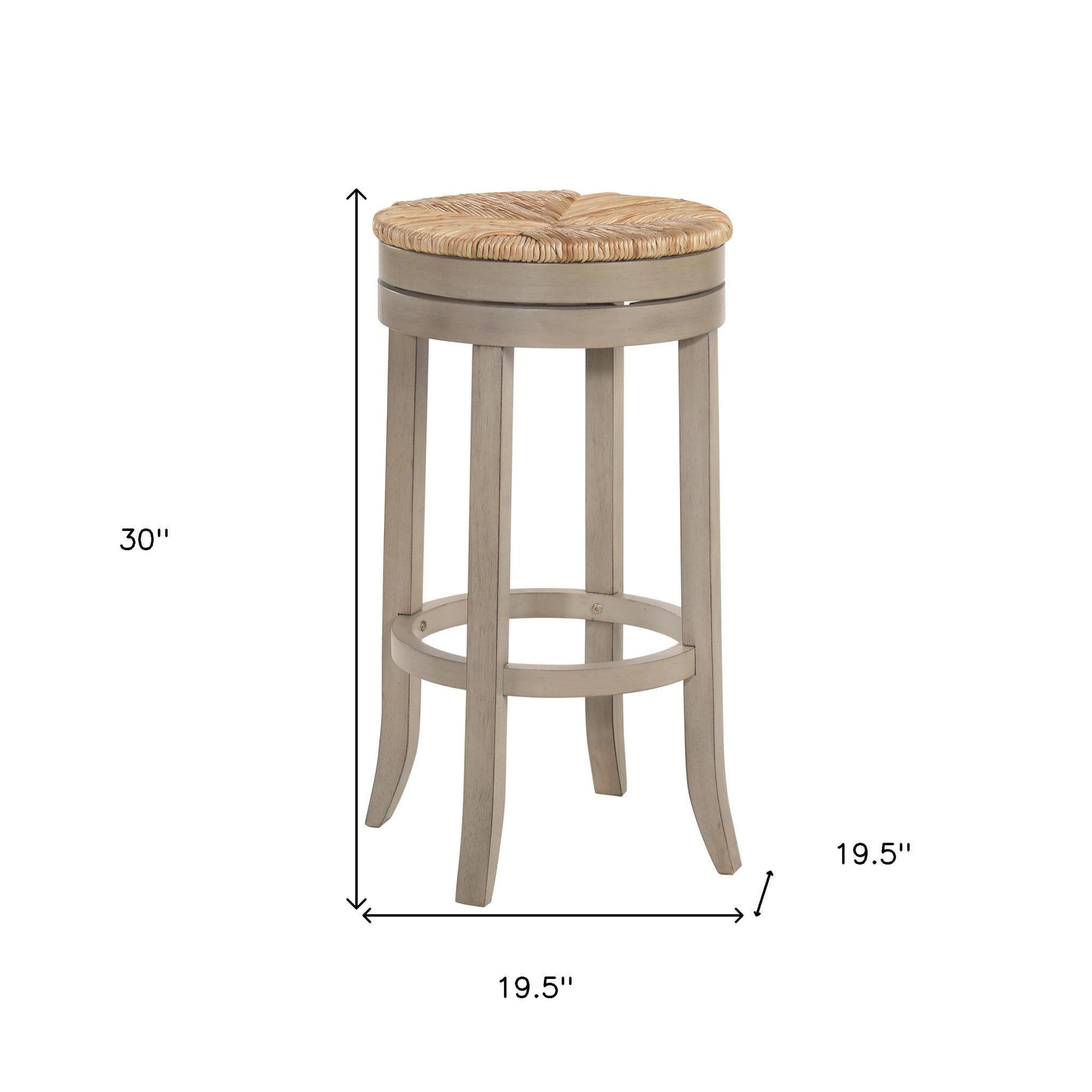 30" Natural And Gray Rush And Solid Wood Backless Bar Height Swivel Bar Chair