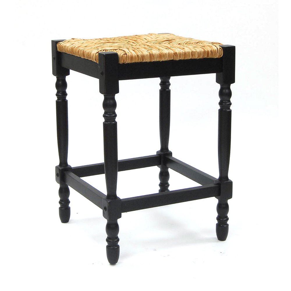 24" Natural And Black Rush And Solid Wood Backless Counter Height Bar Chair