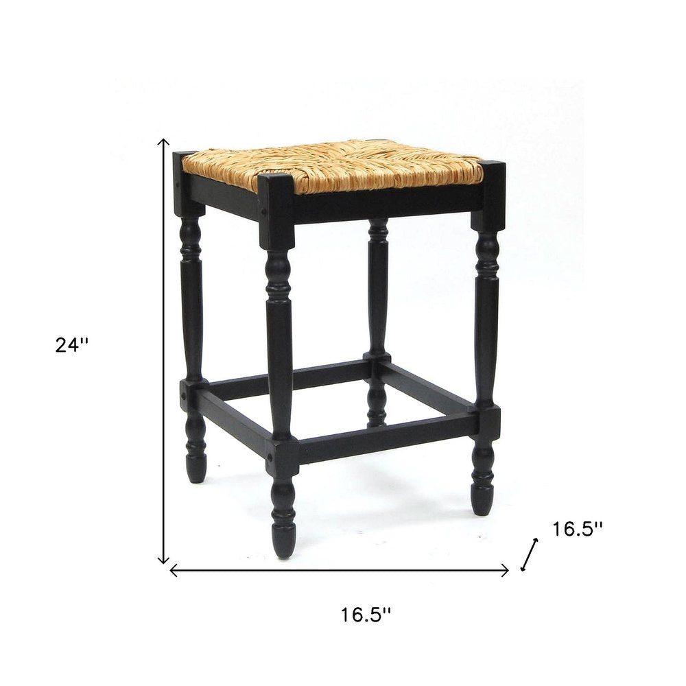 24" Natural And Black Rush And Solid Wood Backless Counter Height Bar Chair