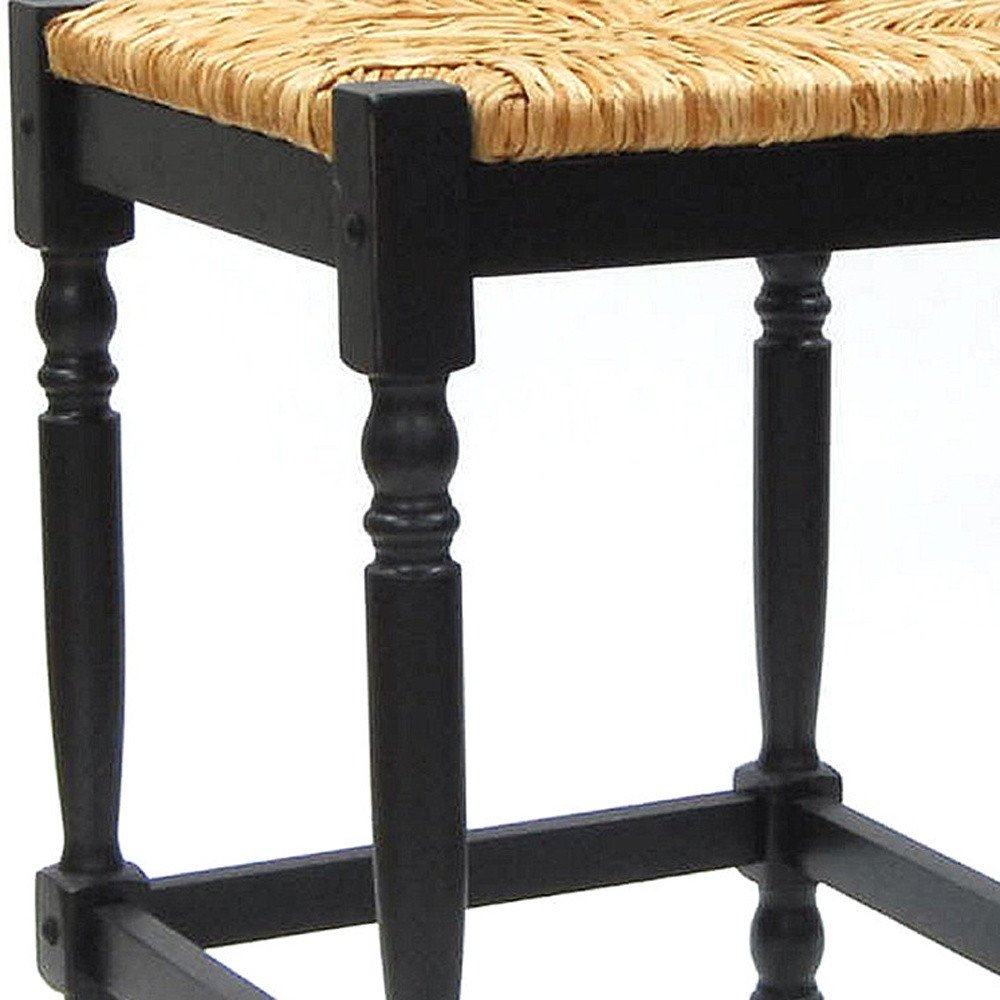 24" Natural And Black Rush And Solid Wood Backless Counter Height Bar Chair