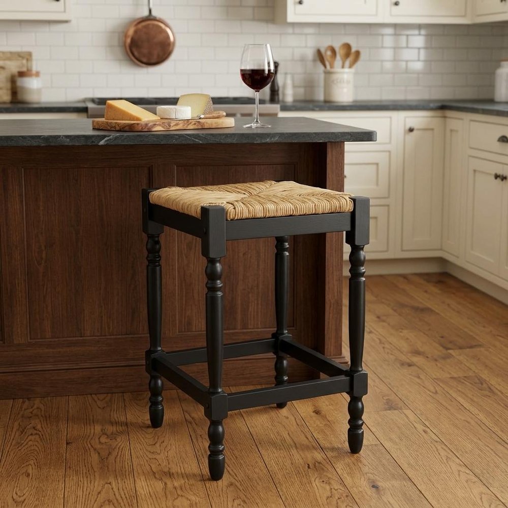 24" Natural And Black Solid Wood Backless Counter Height Bar Chair