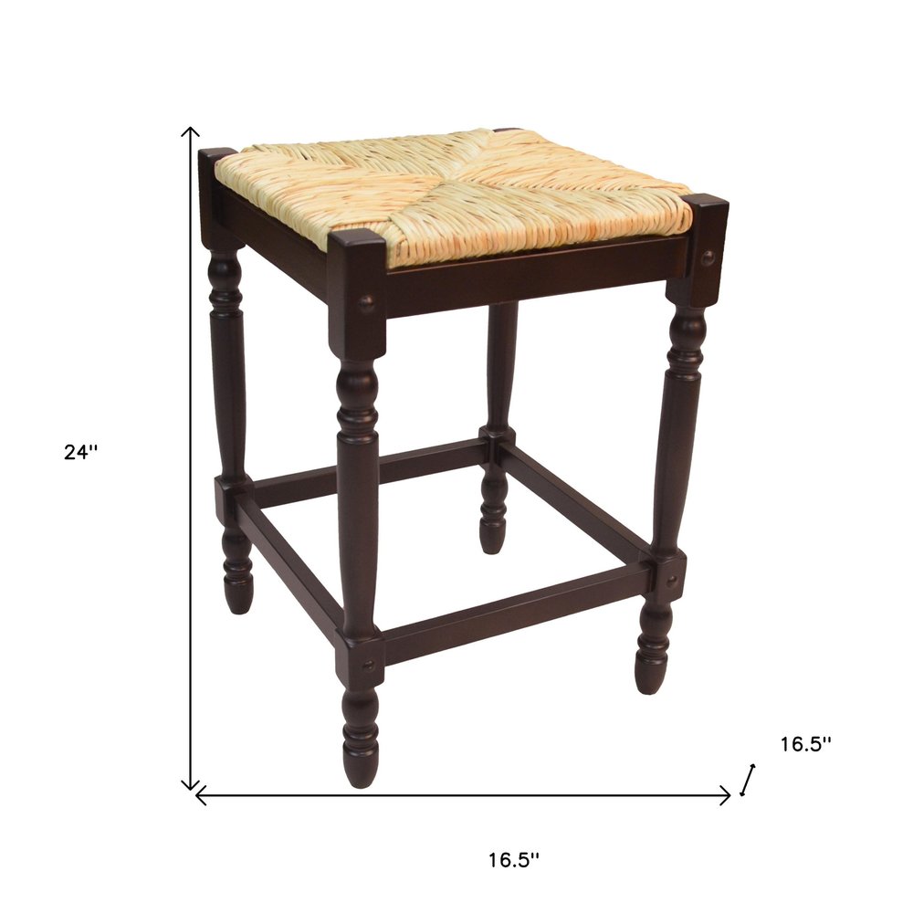 24" Natural And Espresso Rush And Solid Wood Backless Counter Height Bar Chair